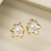 1 Pair IG Style Lady Classic Style Irregular Clouds Enamel Inlay Copper Freshwater Pearl Zircon 18K Gold Plated Ear Studs main image 6