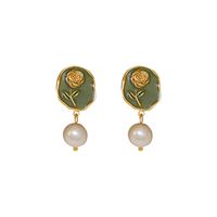 1 Pair Elegant Vintage Style Lady Rose Enamel Inlay Copper Freshwater Pearl Drop Earrings main image 3