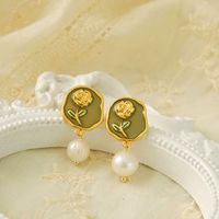 1 Pair Elegant Vintage Style Lady Rose Enamel Inlay Copper Freshwater Pearl Drop Earrings main image 4