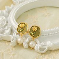 1 Pair Elegant Vintage Style Lady Rose Enamel Inlay Copper Freshwater Pearl Drop Earrings main image 5