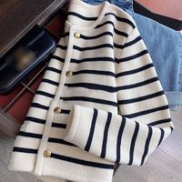 Women's Knitwear Long Sleeve Sweaters & Cardigans Button Yarn-Dyed Streetwear Stripe main image 6