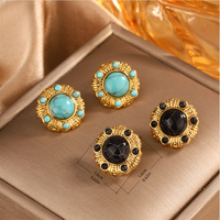 1 Pair Vintage Style Simple Style Geometric Oval Plating Inlay 304 Stainless Steel Artificial Pearls Turquoise Opal 18K Gold Plated Ear Studs main image 3