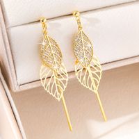1 Pair Sweet Commute Leaf Plating Hollow Out Inlay Copper Zircon 18K Gold Plated Drop Earrings main image 1