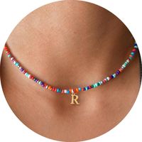 304 Stainless Steel Seed Bead Copper 16K Gold Plated Bohemian Classic Style Beaded Letter Pendant Necklace sku image 12