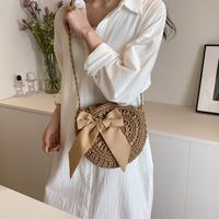 Women's Medium Straw Solid Color Vacation Beach Ribbon Weave Round Zipper Straw Bag sku image 1