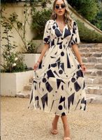Frau Normales Kleid Einfacher Stil V-Ausschnitt Drucken Falten Halbarm Drucken Geometrisch Maxi Langes Kleid Ferien Täglich main image 1