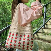 Women's Medium Knit Flower Vintage Style Weave Open Shoulder Bag main image 3