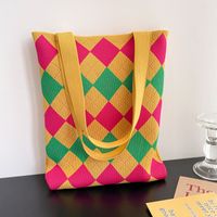 Women's Medium Knit Color Block Lingge Basic Vintage Style Open Shoulder Bag sku image 3