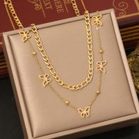 304 Stainless Steel 18K Gold Plated Elegant Commute Heart Shape Life Tree Butterfly Double Layer Necklaces main image 8