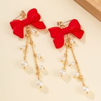 1 Pair Elegant Sweet Bow Knot Pearl Chain Inlay Alloy Rhinestones Drop Earrings main image 5