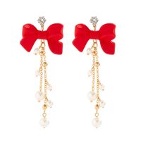 1 Pair Elegant Sweet Bow Knot Pearl Chain Inlay Alloy Rhinestones Drop Earrings main image 4