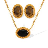 Tiger Eye Titanium Steel 18K Gold Plated Elegant Retro Plating Inlay Oval Glass Stone Tiger Eye Earrings Necklace main image 6