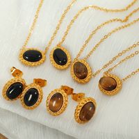 Tiger Eye Titanium Steel 18K Gold Plated Elegant Retro Plating Inlay Oval Glass Stone Tiger Eye Earrings Necklace main image 2