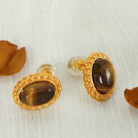 Tiger Eye Titanium Steel 18K Gold Plated Elegant Retro Plating Inlay Oval Glass Stone Tiger Eye Earrings Necklace main image 5