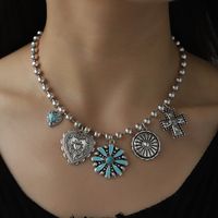 IG Style Retro Cross Flower Alloy Plating Inlay Turquoise Women's Earrings Necklace main image 6