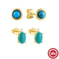 1 Paire Style Simple Rond Ovale Placage Incruster Argent Sterling Turquoise Boucles D'Oreilles main image 1