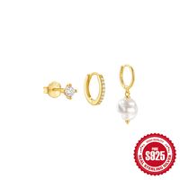 3 Pieces Set IG Style Simple Style Geometric Pearl Plating Inlay Sterling Silver Zircon Earrings sku image 3