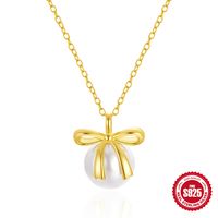 Sterling Silver Sweet Simple Style Plating Inlay Bow Knot Artificial Pearls Pendant Necklace sku image 1