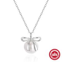 Sterling Silber Süss Einfacher Stil Überzug Inlay Bogenknoten Künstliche Perlen Halskette Mit Anhänger sku image 2