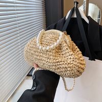 Women's Medium Straw Solid Color Vacation Beach Beading Weave Clasp Frame Straw Bag main image video