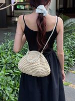 Femmes Moyen Paille Couleur Unie Vacances Plage Perlage Tisser Fermoir Cadre Sac De Paille main image 4