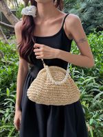 Women's Medium Straw Solid Color Vacation Beach Beading Weave Clasp Frame Straw Bag main image 10