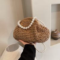 Women's Medium Straw Solid Color Vacation Beach Beading Weave Clasp Frame Straw Bag sku image 1