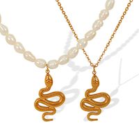 Freshwater Pearl Titanium Steel 18K Gold Plated Vintage Style French Style Modern Style Snake Pendant Necklace main image 8