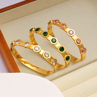 304 Stainless Steel 18K Gold Plated Casual Vintage Style Plating Inlay Solid Color Rhinestones Bangle main image 2