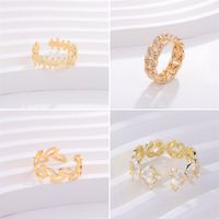 Copper K Gold Plated Elegant Cute Lady Hollow Out Inlay Leaf Circle Round Zircon Open Rings main image 1