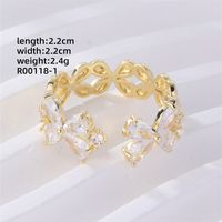 Copper K Gold Plated Elegant Cute Lady Hollow Out Inlay Leaf Circle Round Zircon Open Rings sku image 3