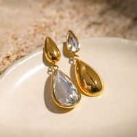 1 Pair IG Style Simple Style Water Droplets Inlay 316 Stainless Steel  Zircon 18K Gold Plated Drop Earrings main image 3