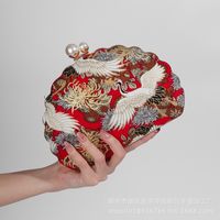 Women's All Seasons Woven Fabric Flower Crane Elegant Vintage Style Shell Lock Clasp Evening Bag sku image 2