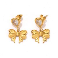 1 Pair Vintage Style Sweet Commute Heart Shape Bow Knot Inlay 304 Stainless Steel Zircon White Gold Plated Gold Plated Drop Earrings main image 6