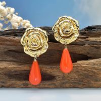 1 Pair Classical French Style Romantic Geometric Rose Natural Stone Resin Copper Drop Earrings Ear Studs sku image 4