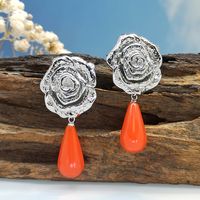 1 Pair Classical French Style Romantic Geometric Rose Natural Stone Resin Copper Drop Earrings Ear Studs sku image 6
