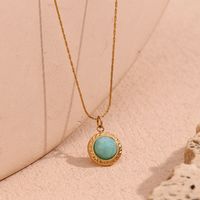 304 Stainless Steel 18K Gold Plated Vintage Style Simple Style Classic Style Plating Inlay Round Turquoise Pendant Necklace main image 1