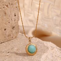 304 Stainless Steel 18K Gold Plated Vintage Style Simple Style Classic Style Plating Inlay Round Turquoise Pendant Necklace main image 3