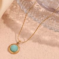 304 Stainless Steel 18K Gold Plated Vintage Style Simple Style Classic Style Plating Inlay Round Turquoise Pendant Necklace main image 4