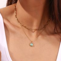 304 Stainless Steel 18K Gold Plated Vintage Style Simple Style Classic Style Plating Inlay Round Turquoise Pendant Necklace main image 5