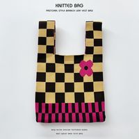 Women's Medium Knit Plaid Flower Classic Style Square Open Handbag sku image 27
