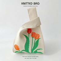 Women's Medium Knit Letter Flower Cute Vintage Style Square Open Handbag sku image 1