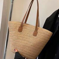 Women's Large Straw Solid Color Vacation Beach Weave Zipper Straw Bag sku image 2