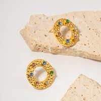 1 Pair IG Style Basic Classic Style Round Inlay 304 Stainless Steel Colorful 18K Gold Plated Ear Studs main image 5