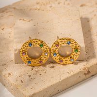 1 Pair IG Style Basic Classic Style Round Inlay 304 Stainless Steel Colorful 18K Gold Plated Ear Studs main image 3