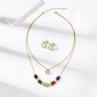 201 Stainless Steel 18K Gold Plated Simple Style Layered Plating Diamond Color Block Rhinestones Double Layer Necklaces main image 6
