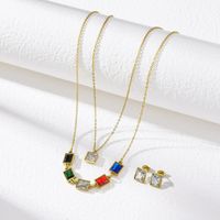 201 Stainless Steel 18K Gold Plated Simple Style Layered Plating Diamond Color Block Rhinestones Double Layer Necklaces main image 4