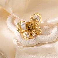 Elegant Vintage Style Lady Butterfly 304 Stainless Steel Gold Plated Artificial Pearls Open Rings In Bulk main image 4