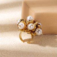 Elegant Lady Classic Style Flower 304 Stainless Steel Gold Plated Artificial Pearls Open Rings In Bulk main image 1