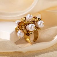 Elegant Lady Classic Style Flower 304 Stainless Steel Gold Plated Artificial Pearls Open Rings In Bulk main image 6